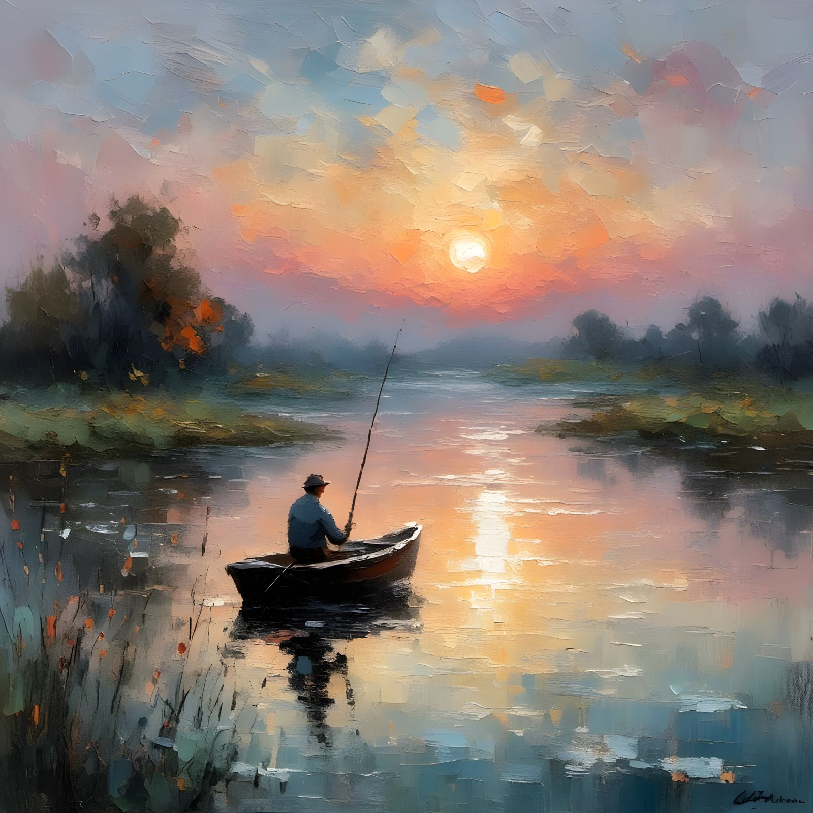 Lone Fisherman at Dusk in Rowboat
