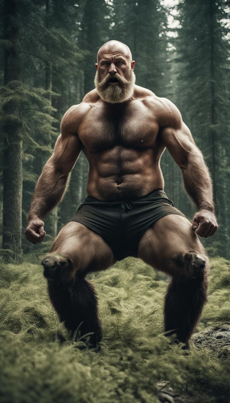 Man Dominating Bear: Cinematic Film Still