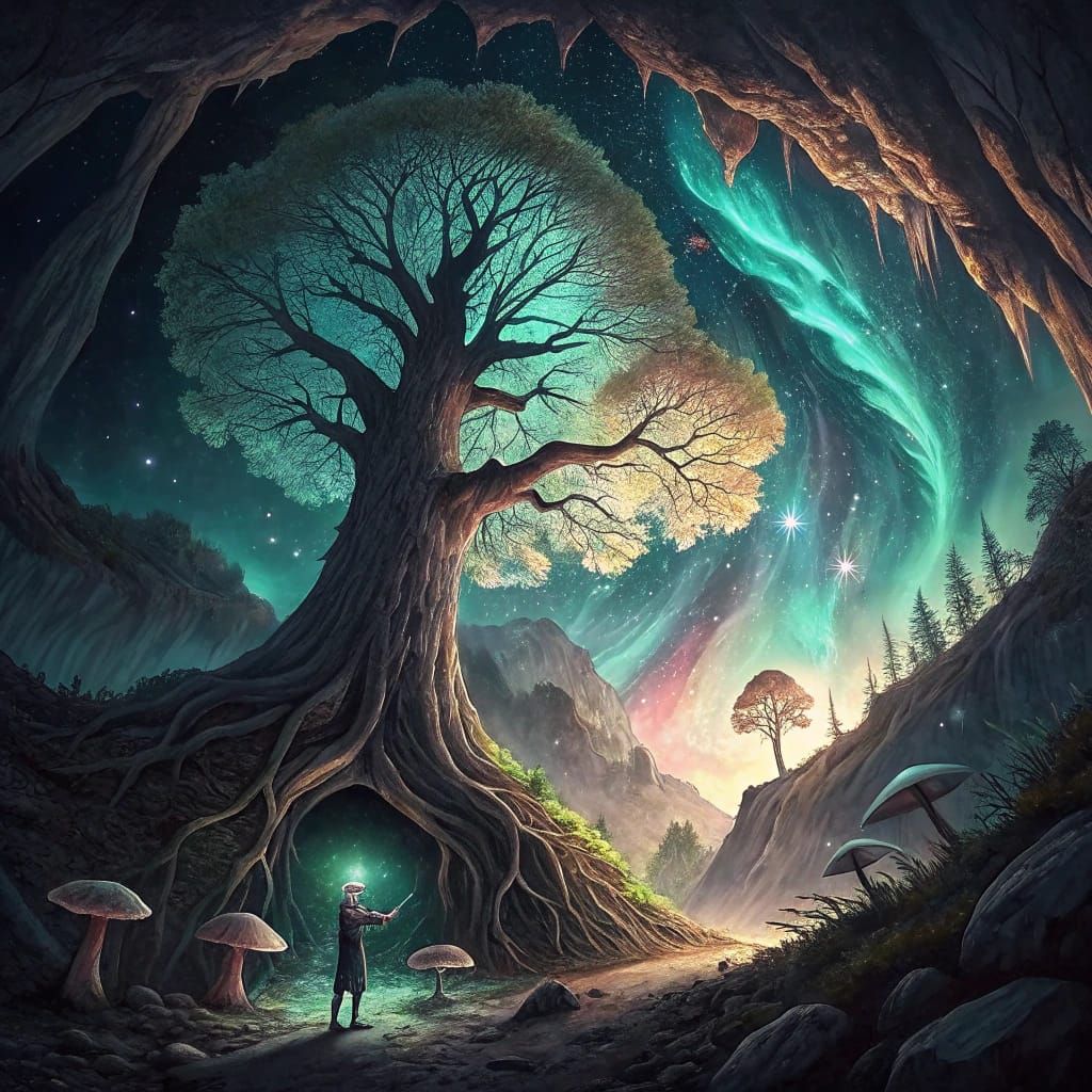 Ancient Tree in Crystal Cave Under Aurora Sky