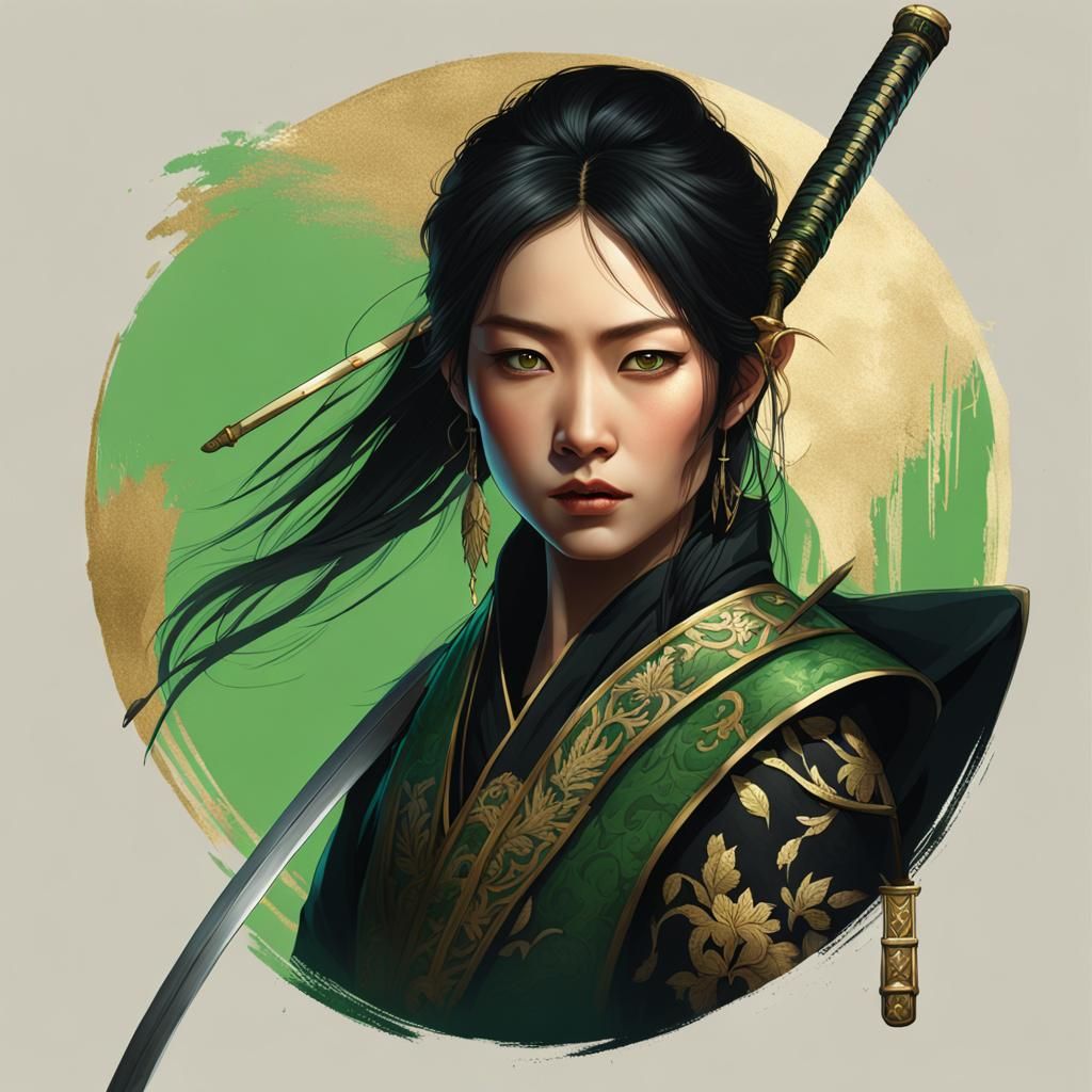 Asian Jungle Warrior in Hyperdetailed Art Nouveau Style