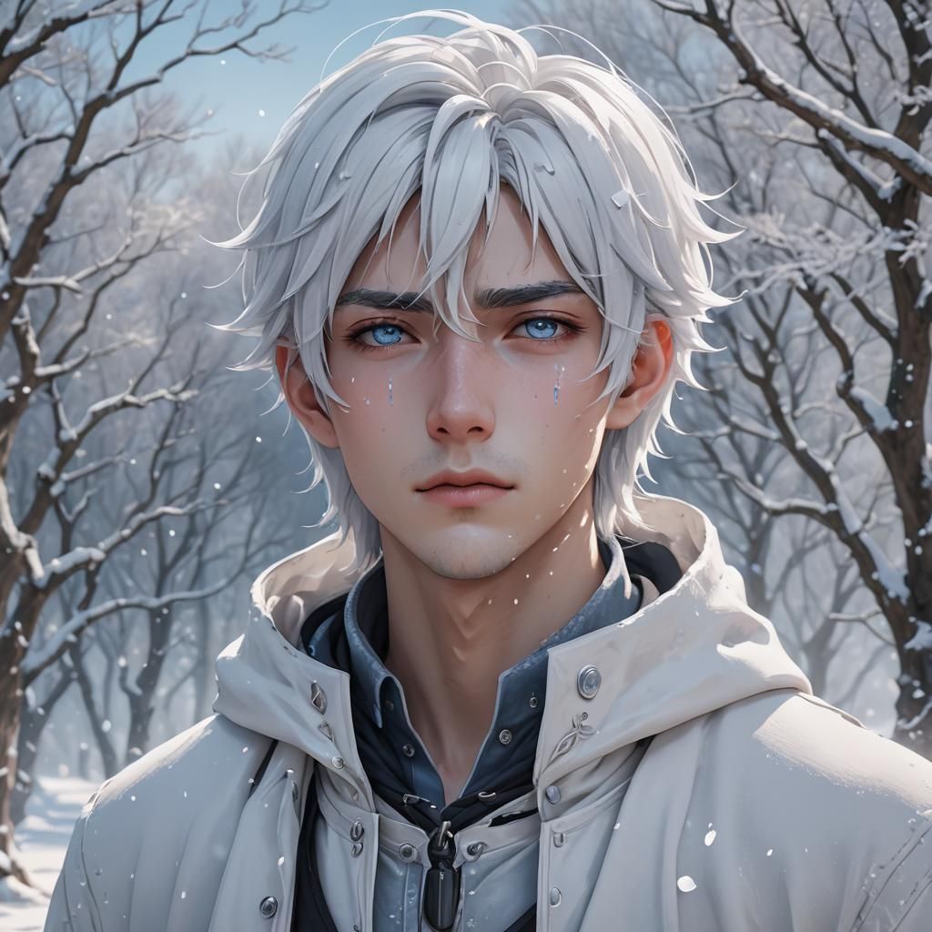 Crying Boy in Snowy Landscape: 3D Anime Art