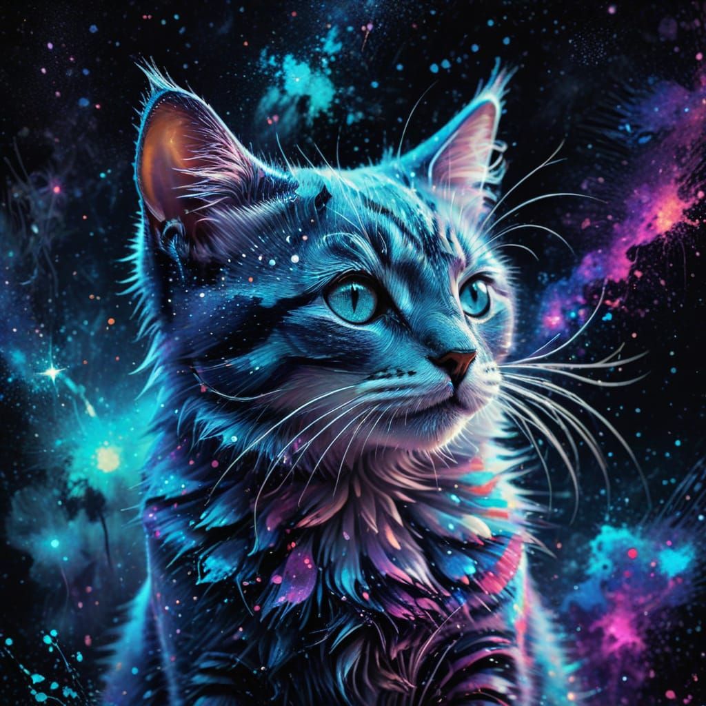 Cosmic Kitten in Vibrant Paint Splatter Style