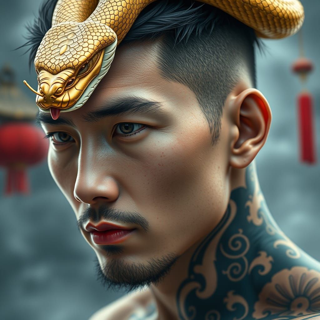 Dazzling Fantasy Portrait of a Chinese Man with Golden Snake