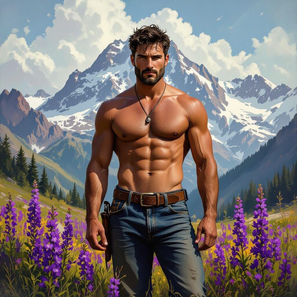 Mountain Man Surrounded by Purple Wildflowers