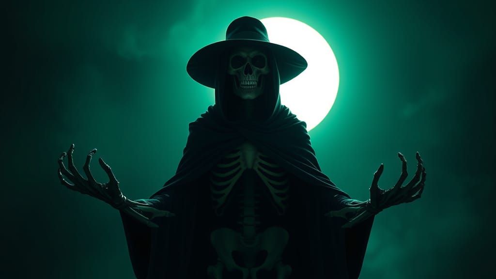 Eerie Skeleton in Flowing Cloak: A Surreal Illustration