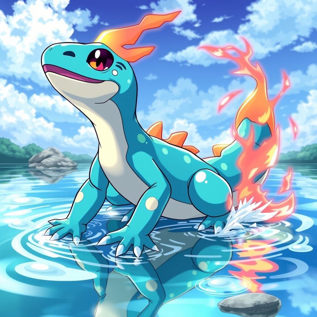 Vibrant Water Master Lizard in Anime Style