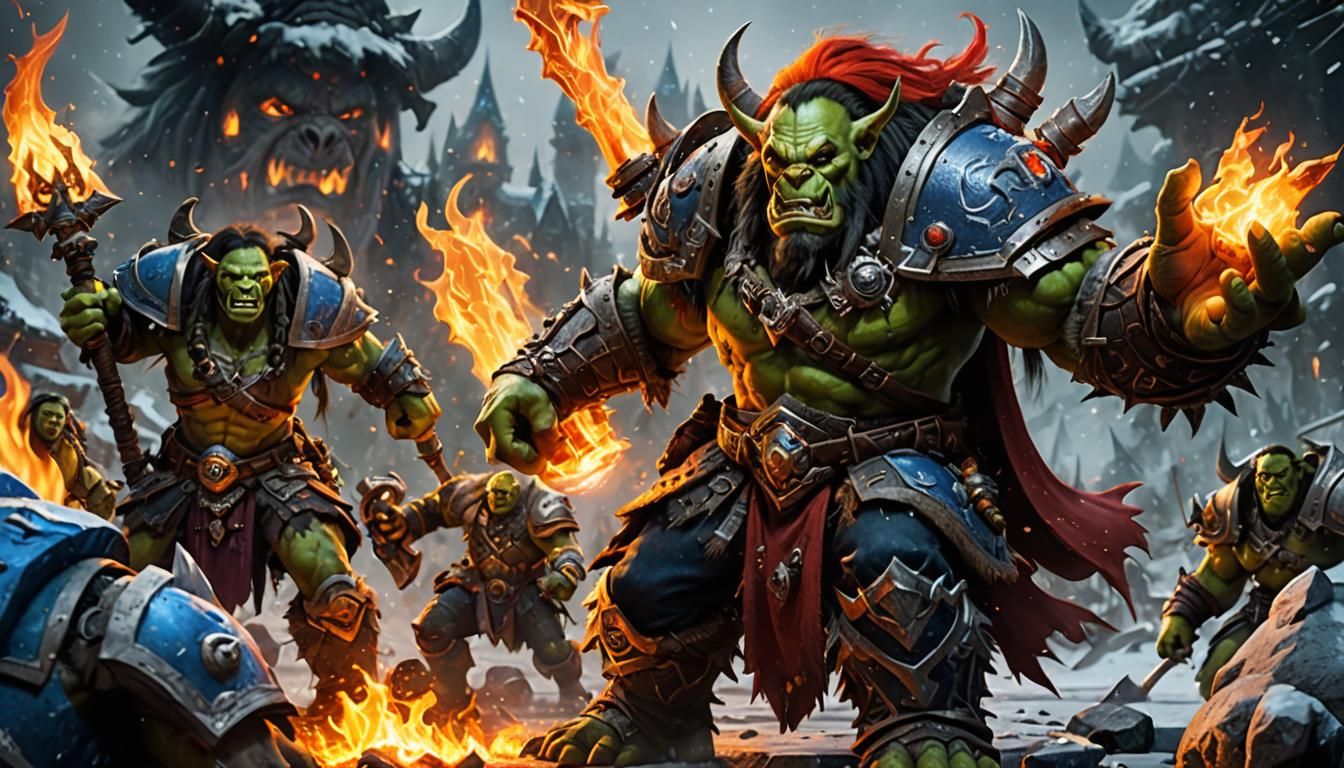 Orc Peon Casting Fire and Ice: Fantasy Art