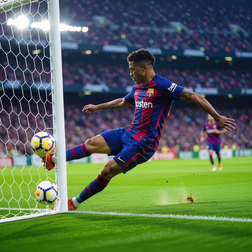 Soccer Player Yosef Kicks Ball in Barcelona Uniform