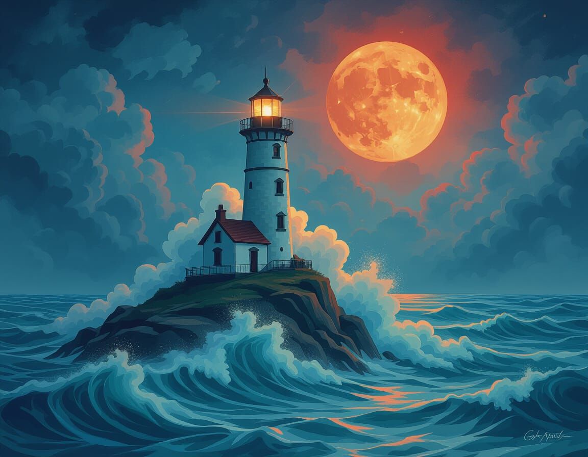 Cloud Lighthouse on Nebula Waves: Dreamlike Art