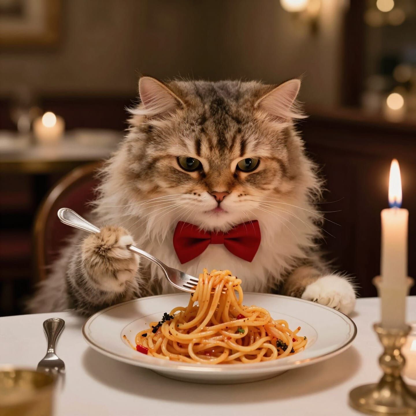 Elegant Cat Enjoys Spaghetti Dinner in Romantic Restaurant