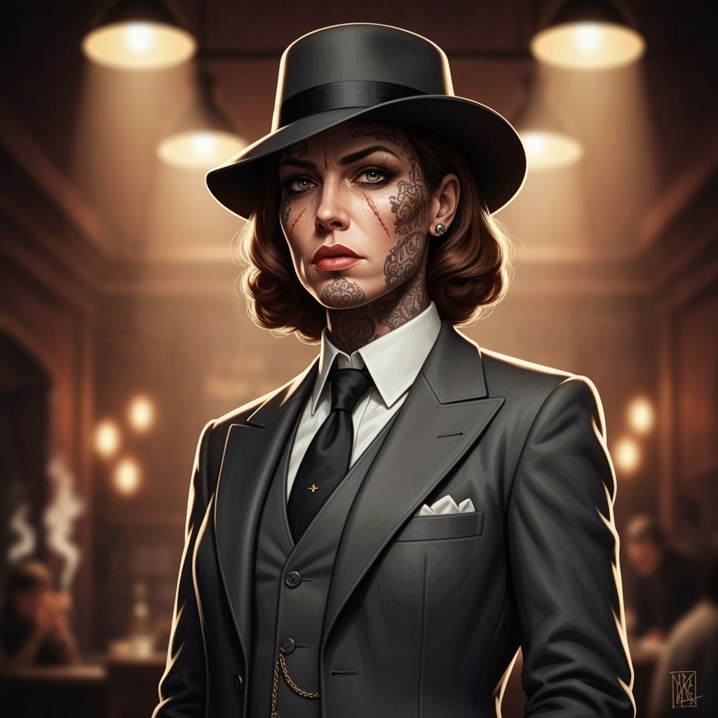Confident Scarred Gangster Woman in Morning Suit