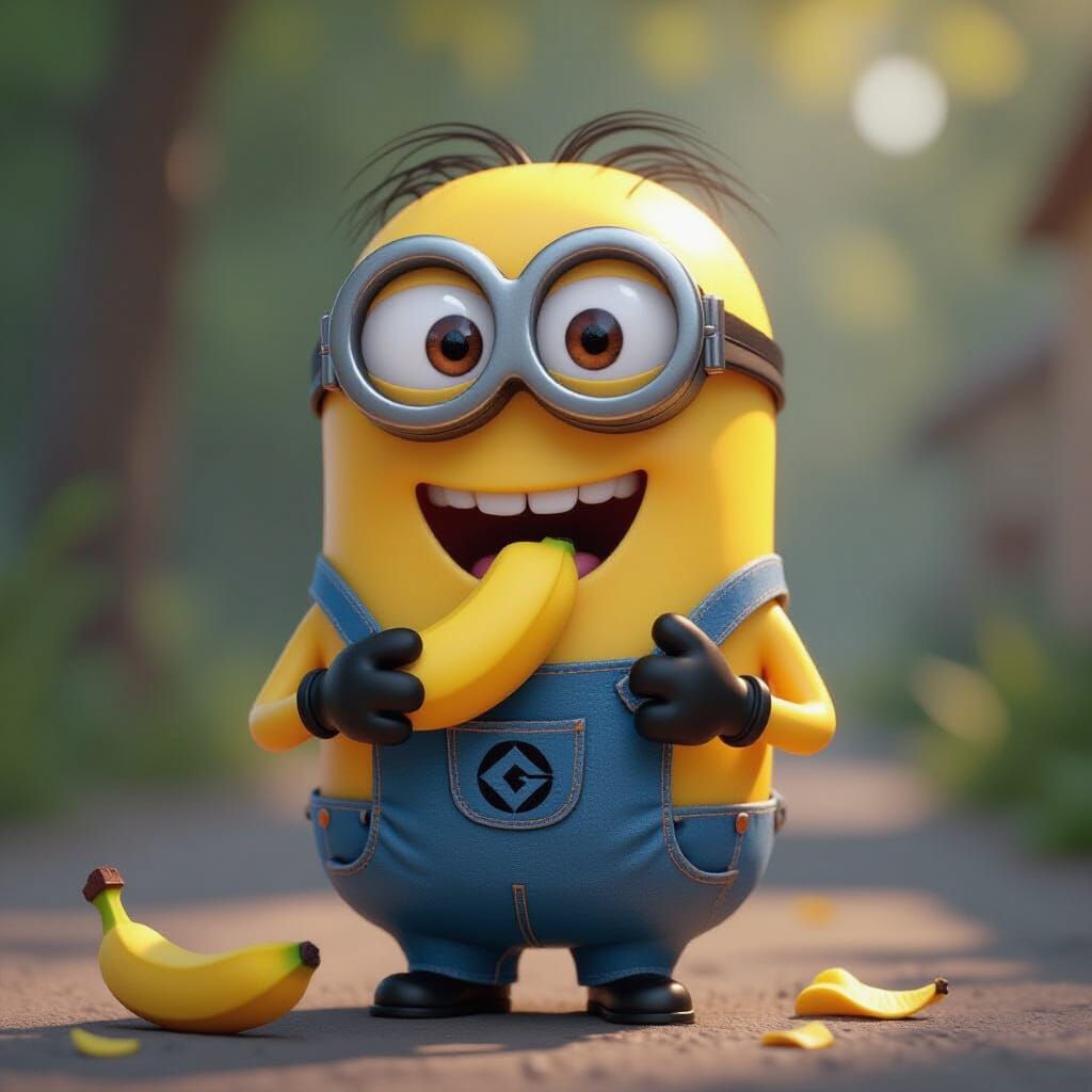 Hyperrealistic Minion Eating Banana in Pixar Style