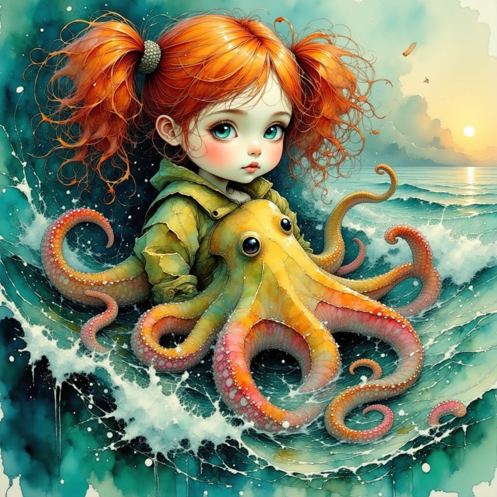 Toddler Girl Embraced by Octopus in Realistic Ink Painting S...