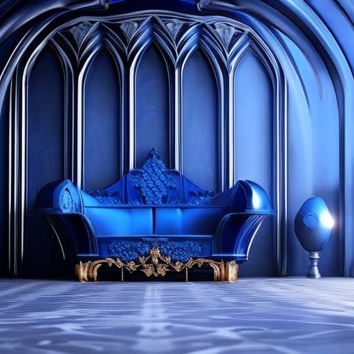 Cobalt blue gothic sofa& ethereal vibes& beautiful craftsmanship vibes& perfect craftsmanship vibes& dark fantasy vibes&...