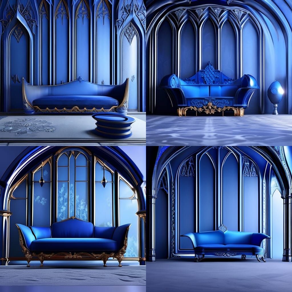 Cobalt blue gothic sofa& ethereal vibes& beautiful craftsmanship vibes& perfect craftsmanship vibes& dark fantasy vibes&...