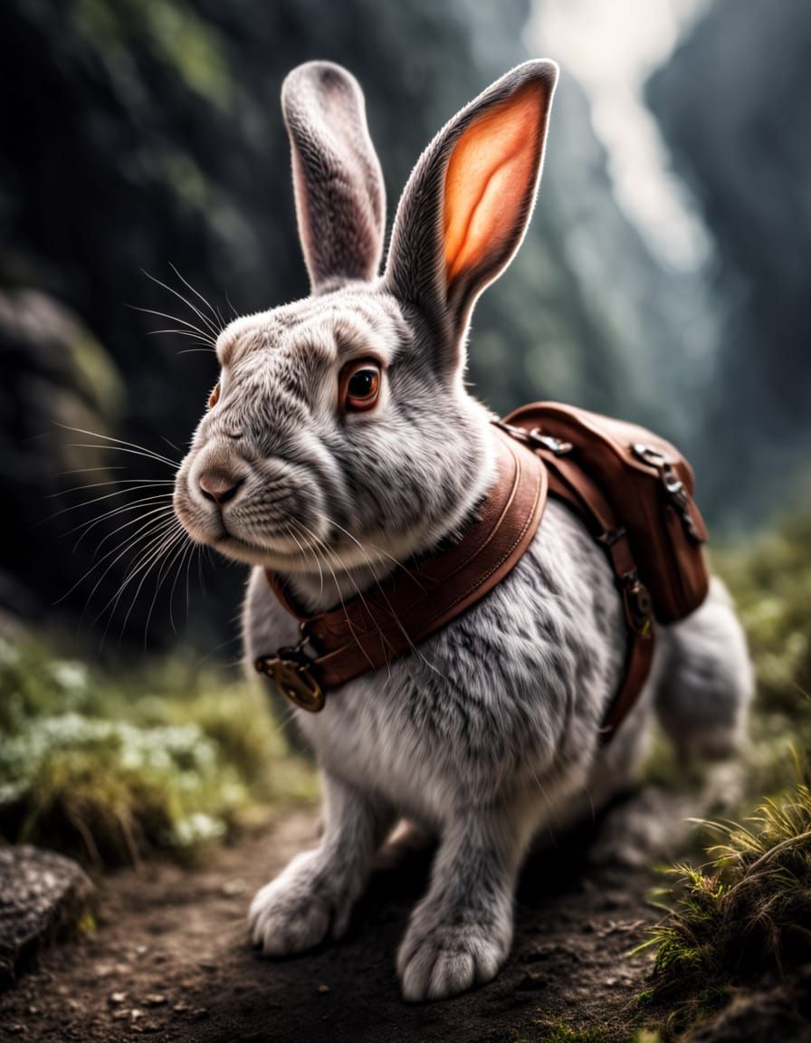 Hyperrealistic Rabbit Adventurer in Moody Cinematic Scene