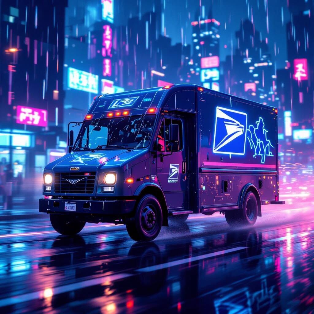 Cyberpunk USPS Truck Speeds Through Neon City