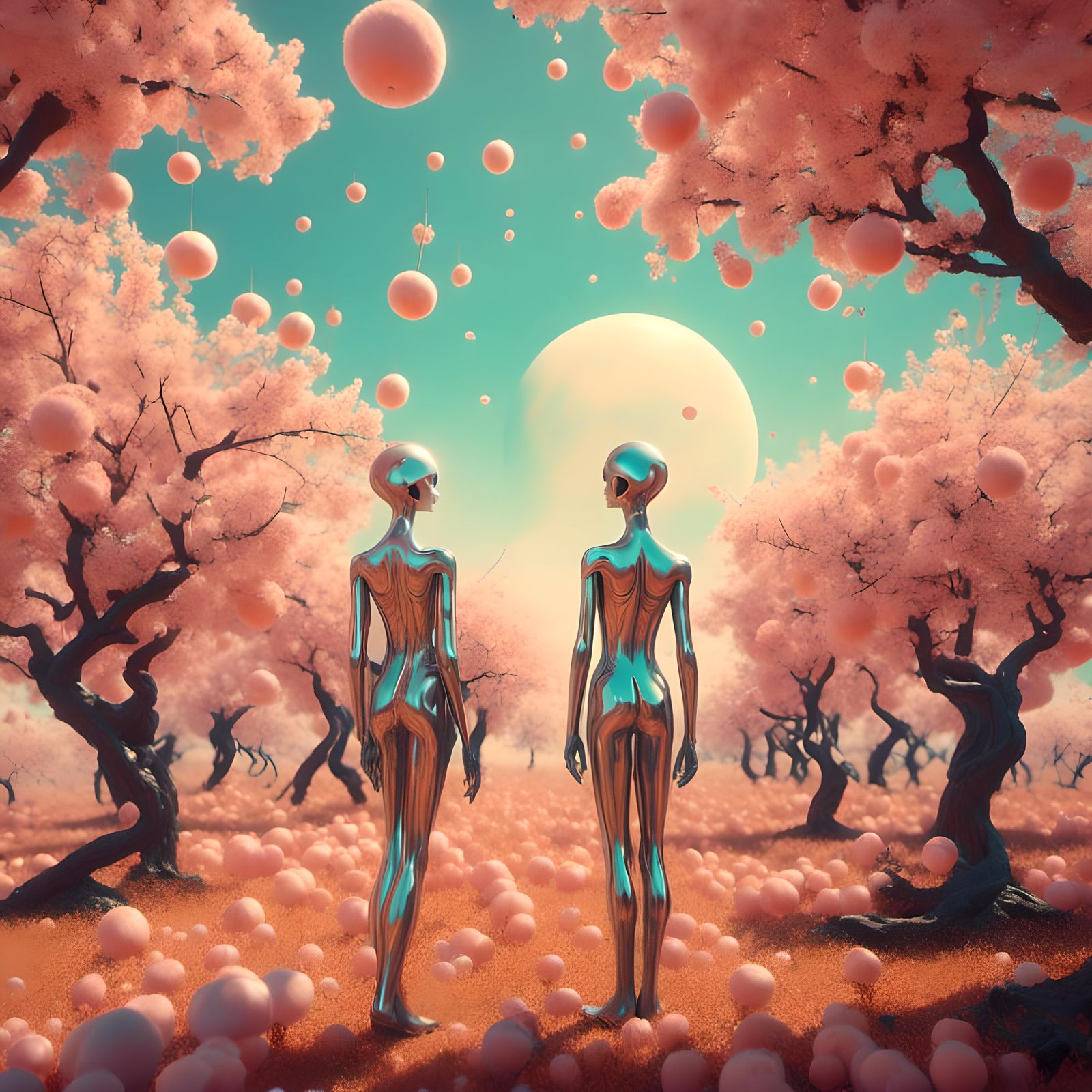 Surreal Aliens in a Sunlit Orchard, Digital Art