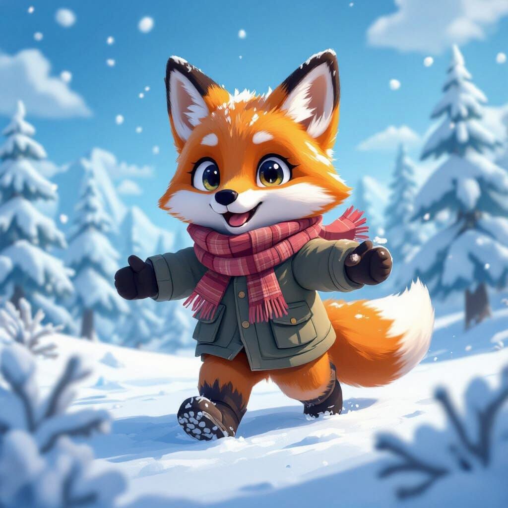 Minecraft Fox Frolicking in Snowy Tundra