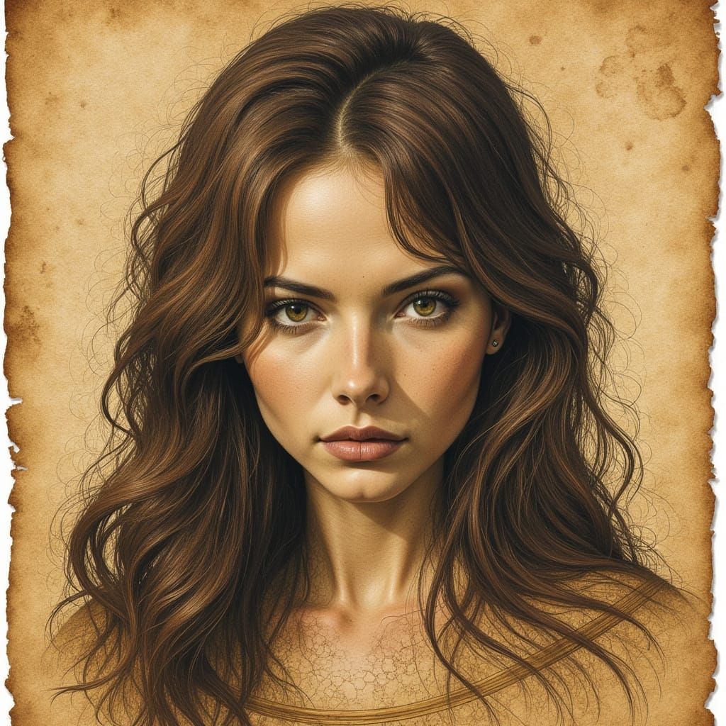 Abstract Portrait of Woman on Coffee-Stained Parchment