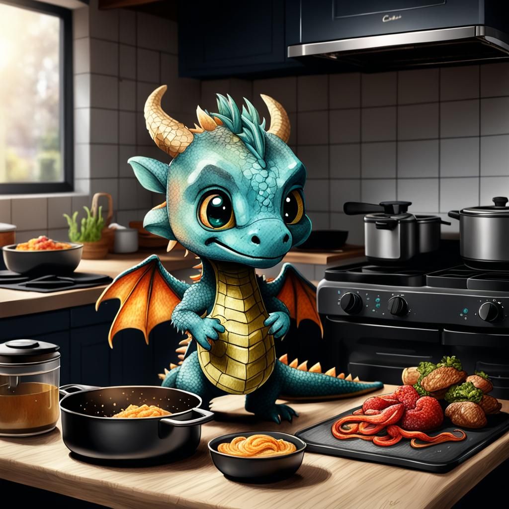 Chibi Dragon Chef in Kitchen, Painterly Sketch