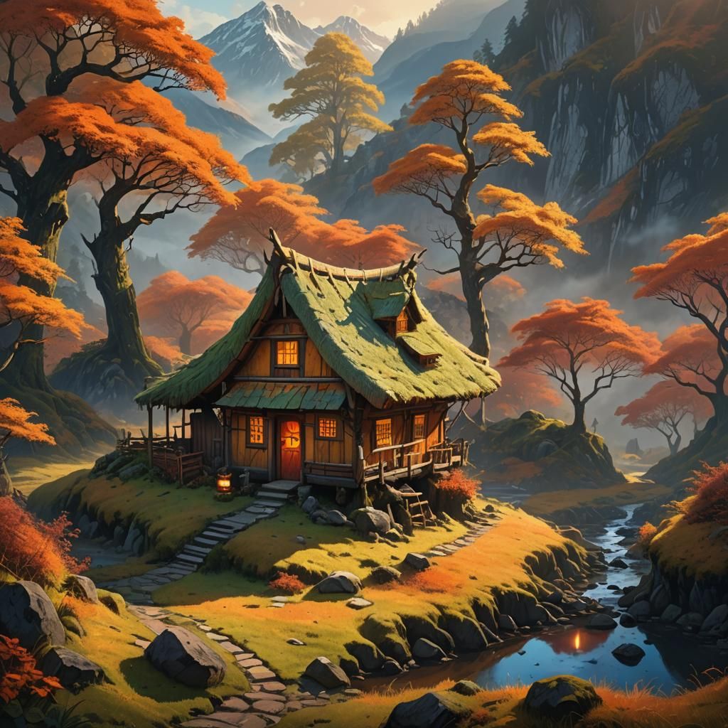 Autumn Valley Hut in Vibrant Fantasy Art