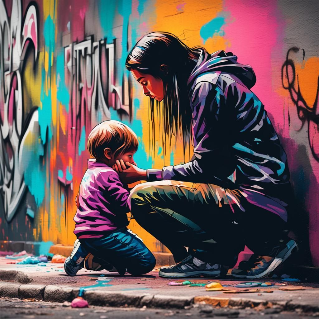 Comforting Mother and Child as Graffiti Art