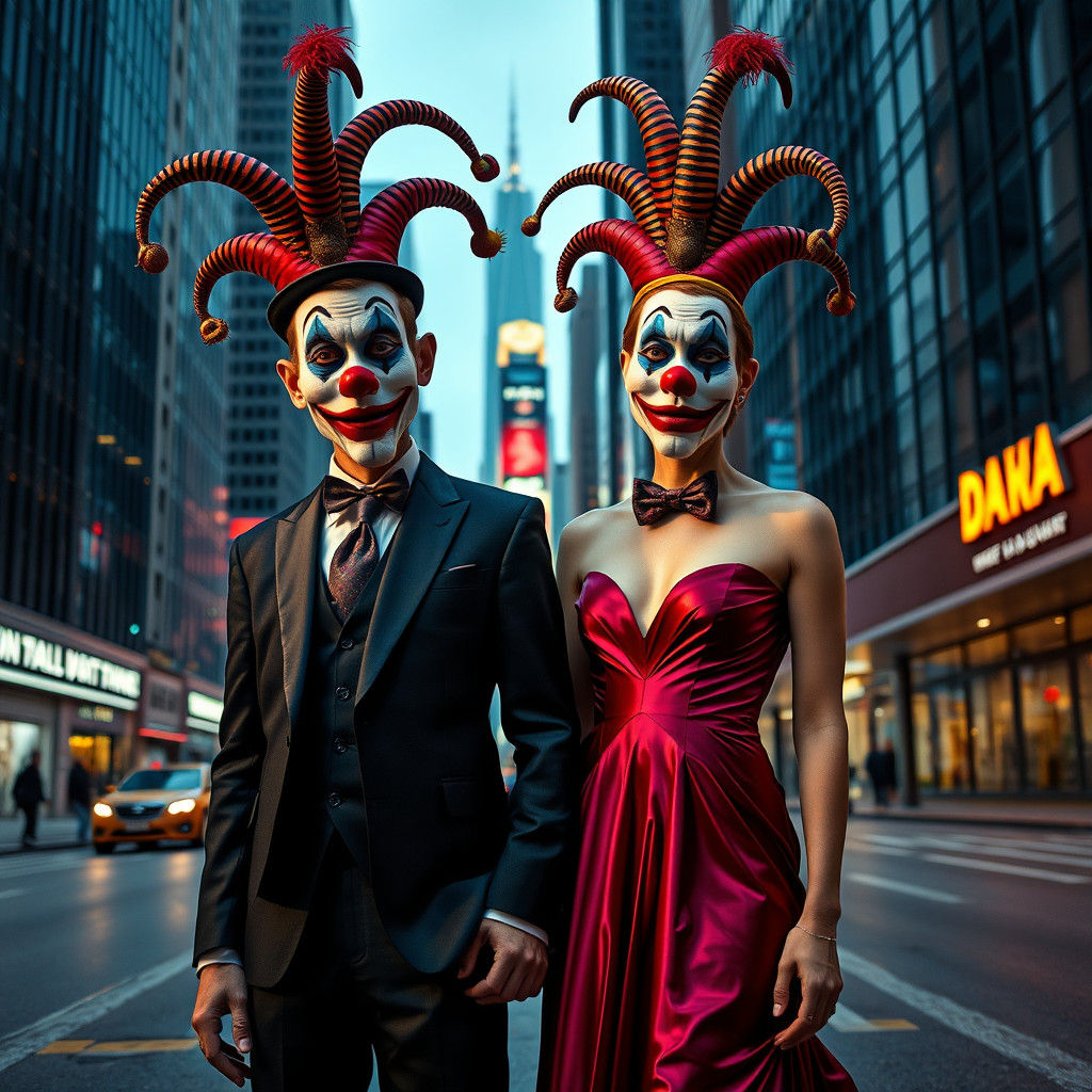 Hyperrealistic Couple with Clown Faces in Cityscape
