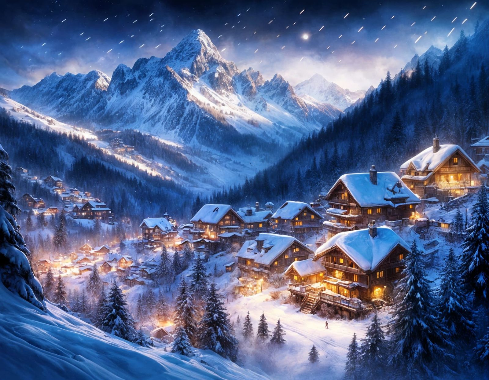 Winter Alpine Village Under Moonlight in Watercolour Style