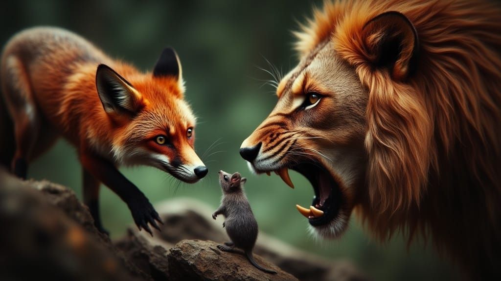 Red Fox and Lion Confrontation in Moody Wildlife Scene