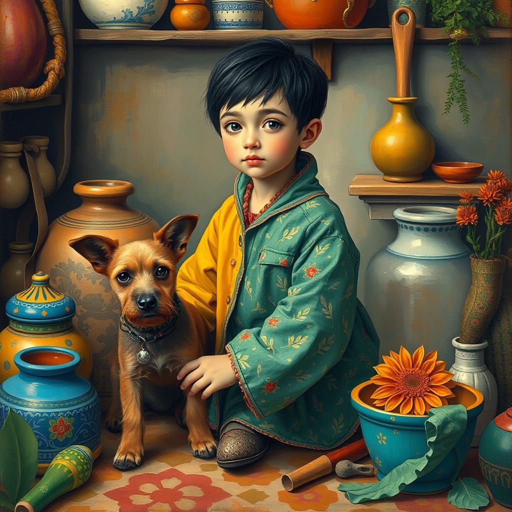 Child in Naive Art Style Surrounded by Objects