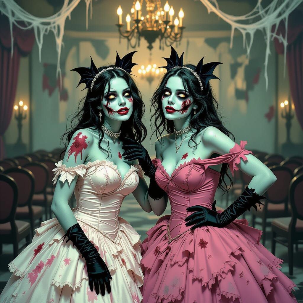 Zombie Prom Queens Pose in Abandoned Ballroom