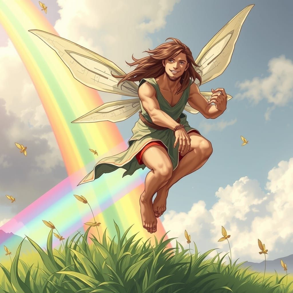 Happy Male Fairies Ride a Rainbow in Fantasy Style