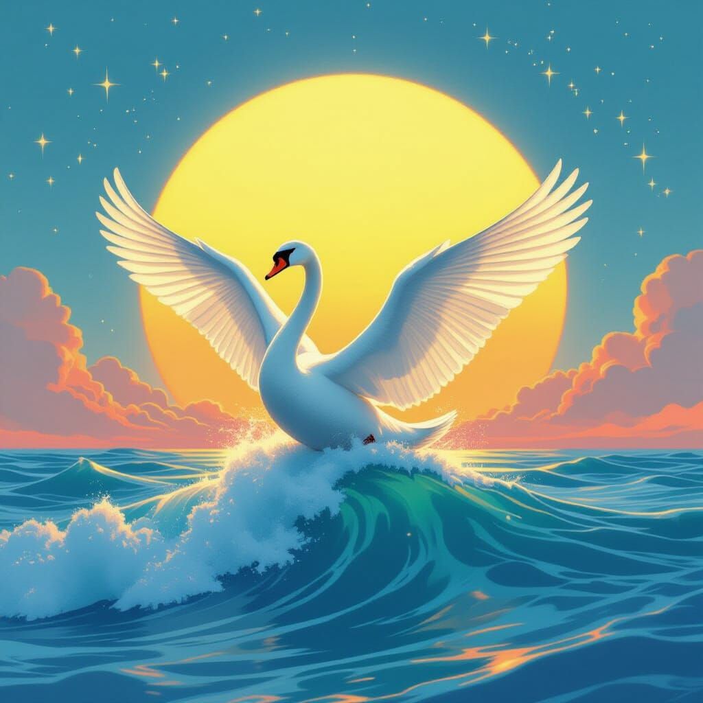 Mystical Swan Rides Wave Towards Shining Sun
