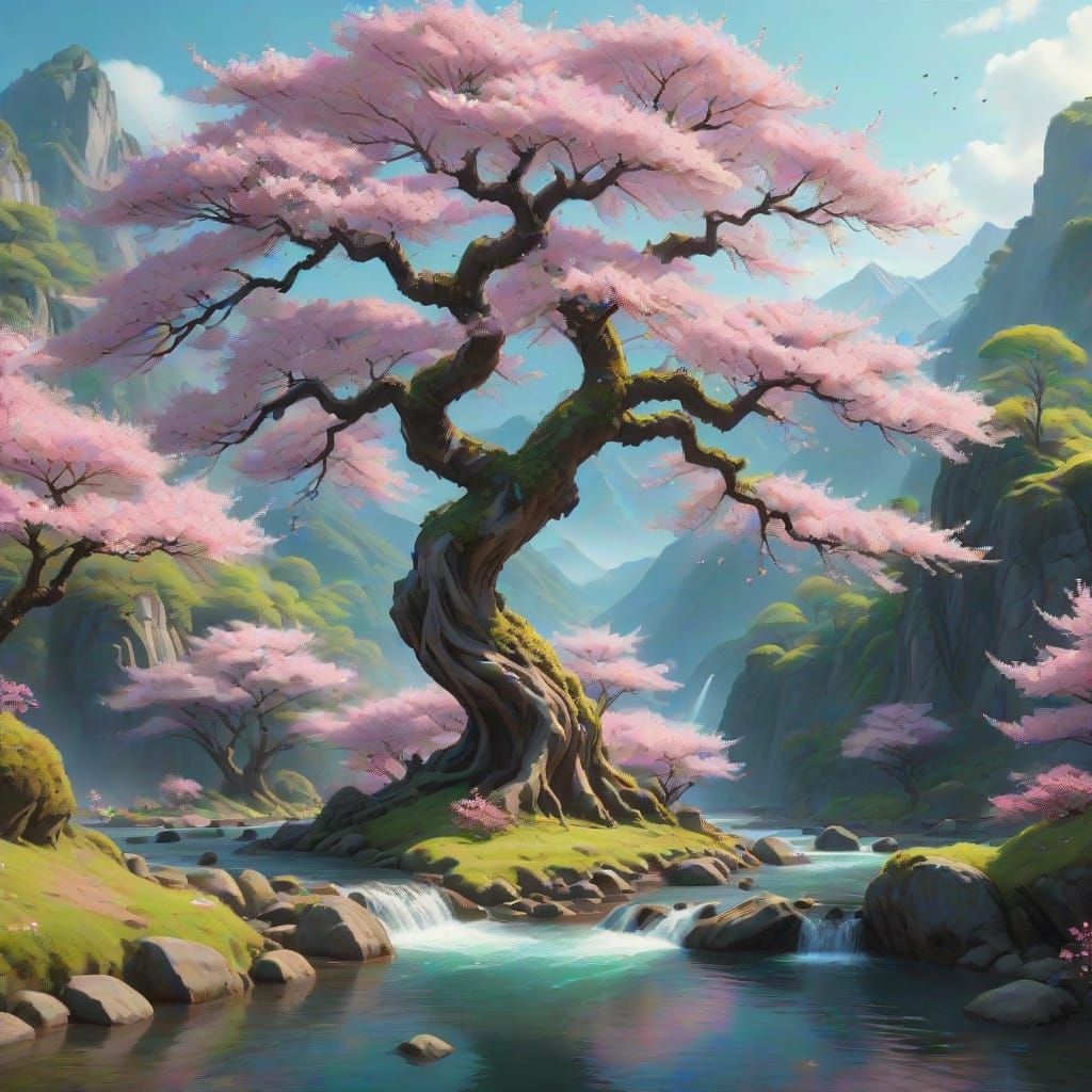 Ancient Cherry Blossom Tree in Serene Mountain Landscape