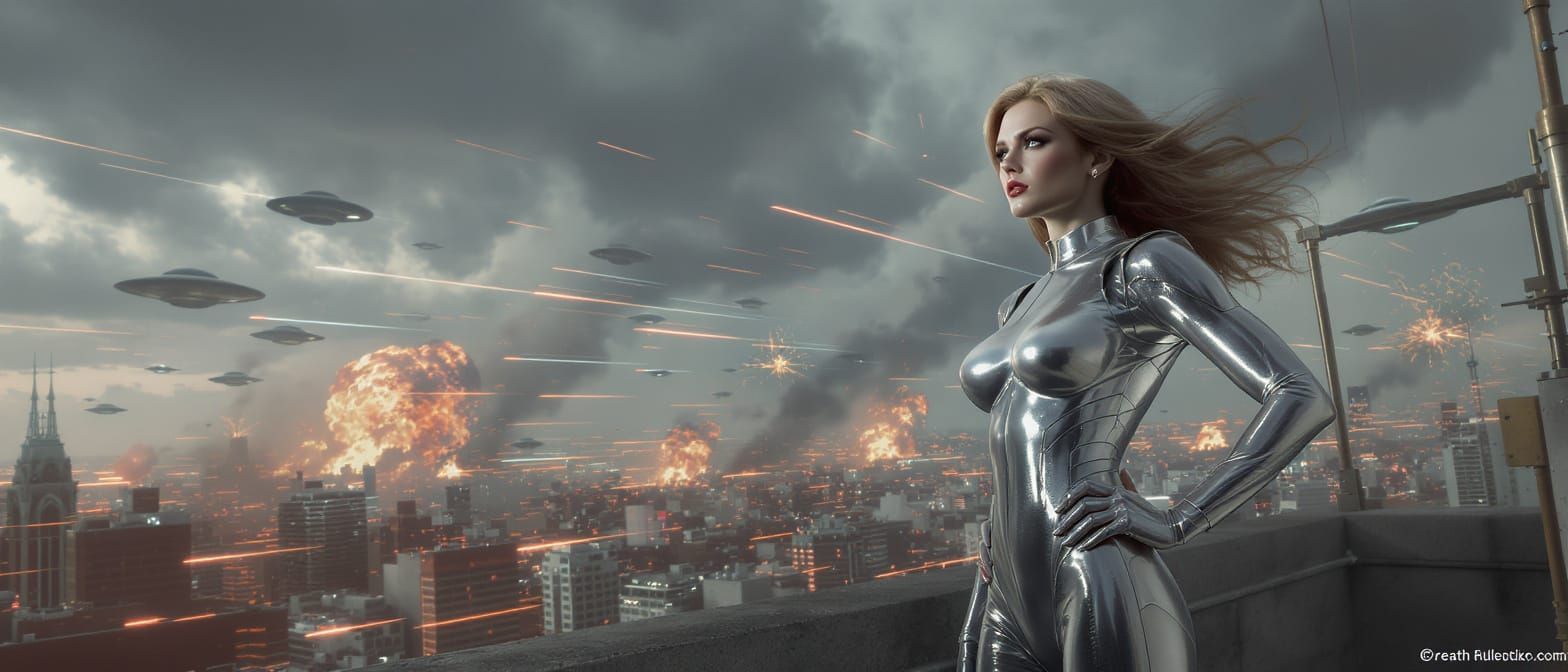 Retro-Futuristic Woman Watches Earth vs Saucers