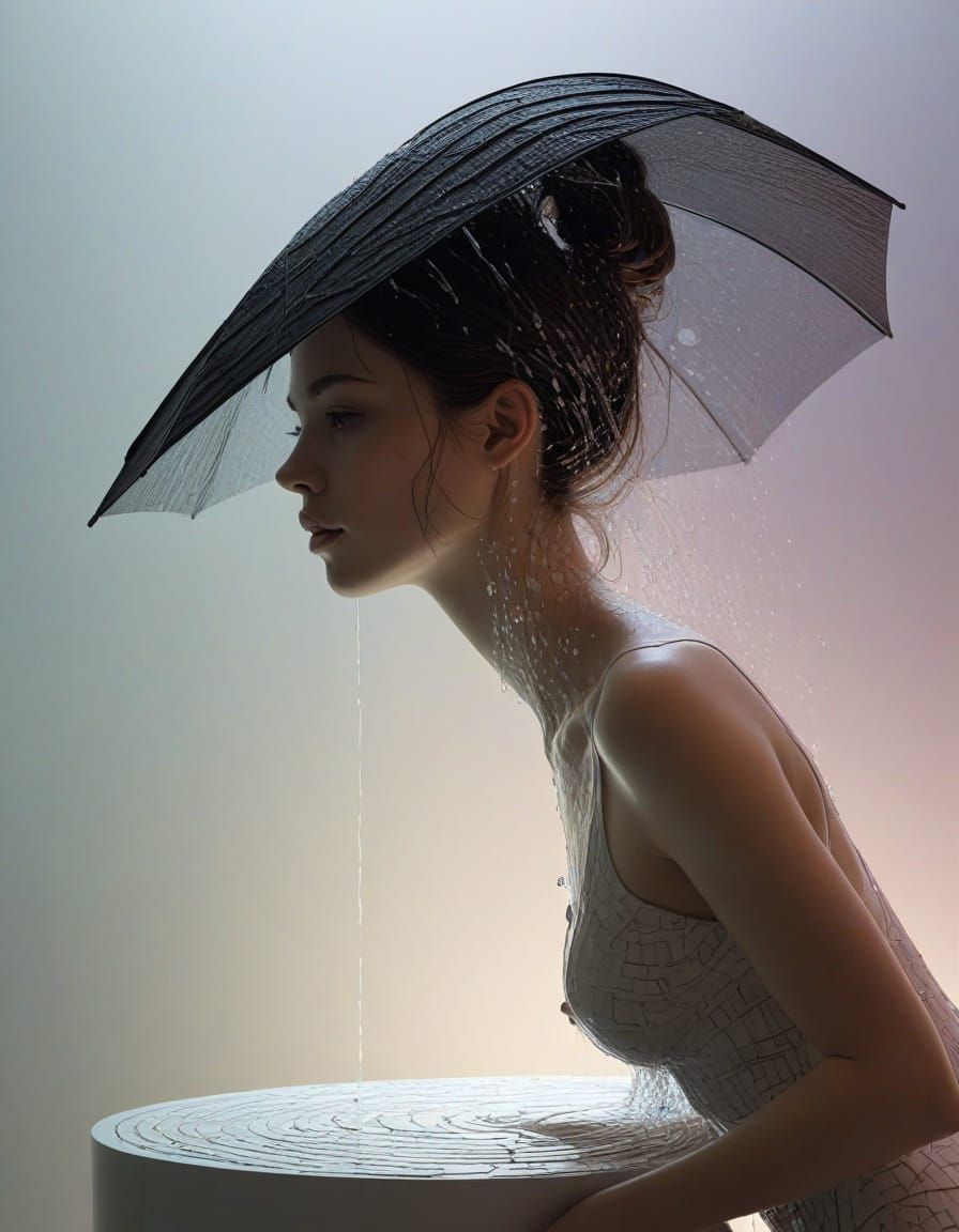 Surrealist Calligram of a Woman in a Fleeting Rain Shower