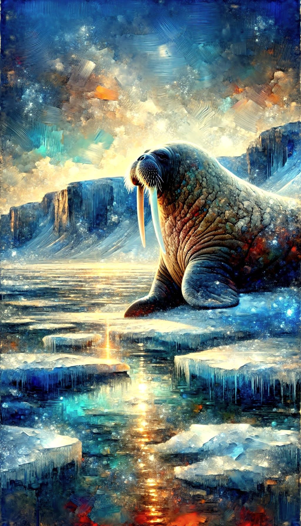 Walrus on Ethereal Ice Landscape as Wet-on-Wet Painting