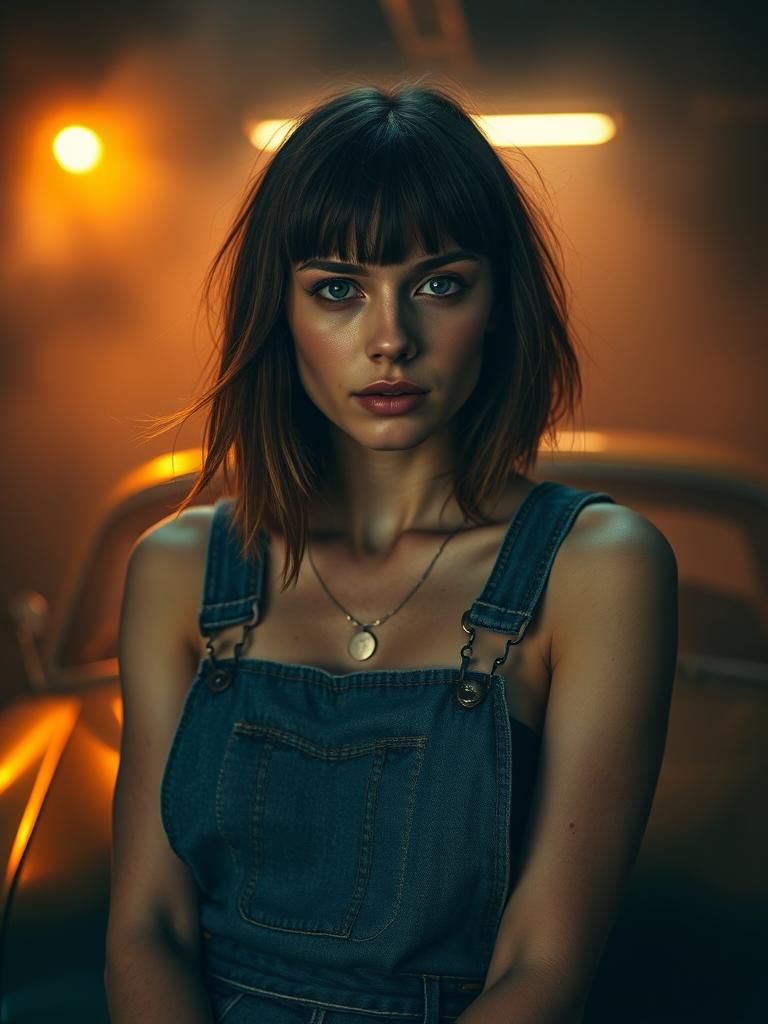 Woman in Garage with Dramatic Lighting