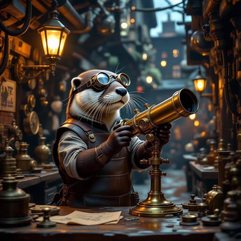 Steampunk Otter Polishes Telescope in Moody Workshop