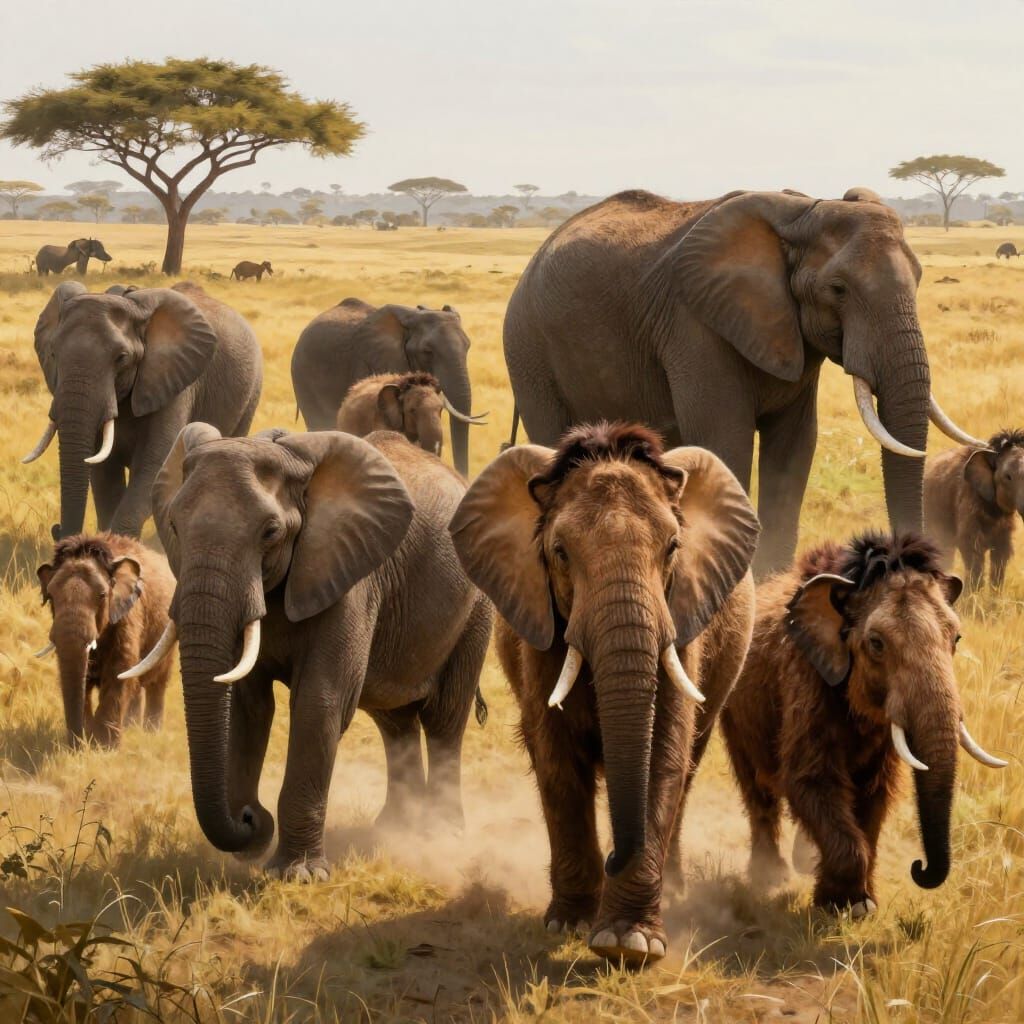 Elephants and Mammoths on Sunlit Savanna