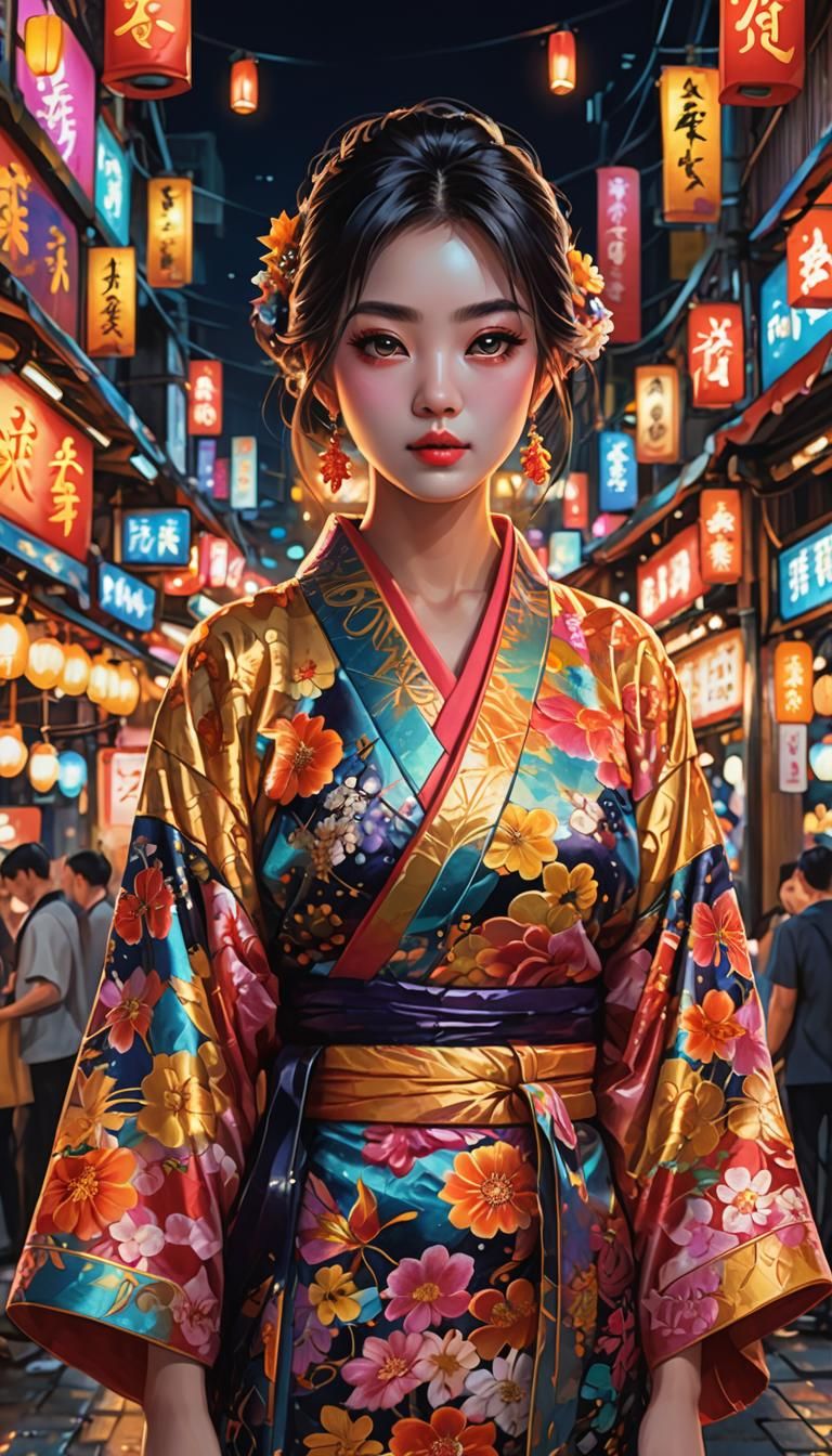 Girl in Kimono at Night Market, Fantasy Art