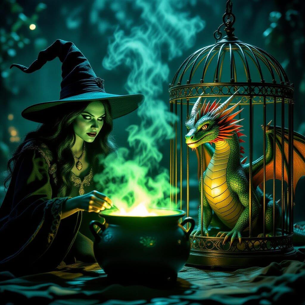 Witch and Dragon in Moody Cinematic Scene