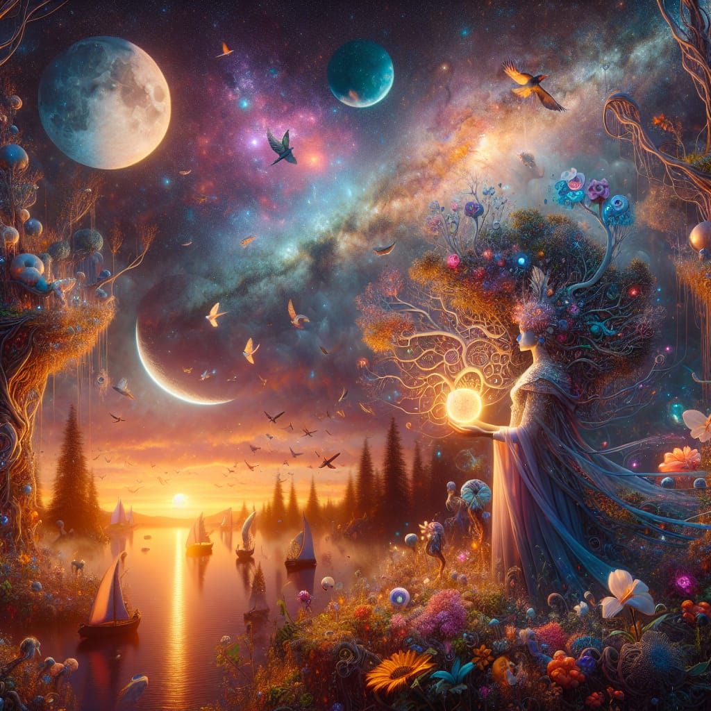 Whimsical Cosmic Surrealism in Oil-Infused Digital Art