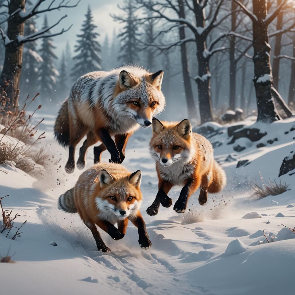 Foxes Race Through Snow: Fantasy Concept Art
