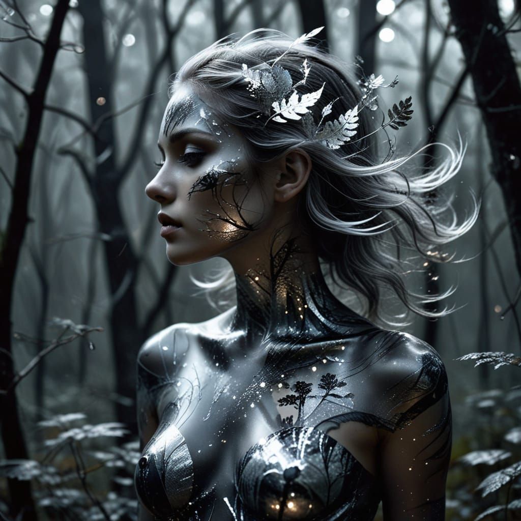Ethereal Woman With Silver Marbled Skin in Dark Forest