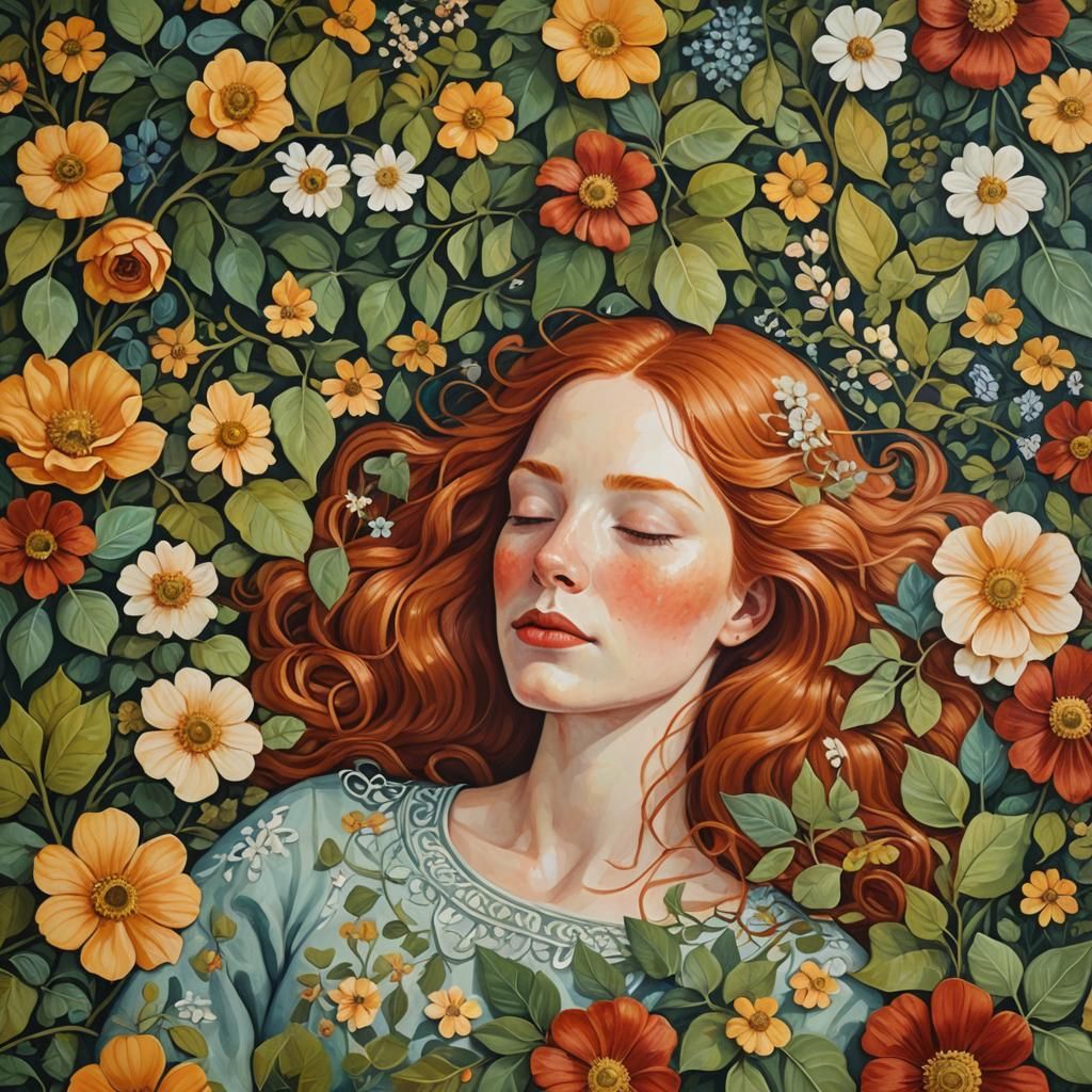 Folk Art Portrait of Sleeping Redhead with Flowers