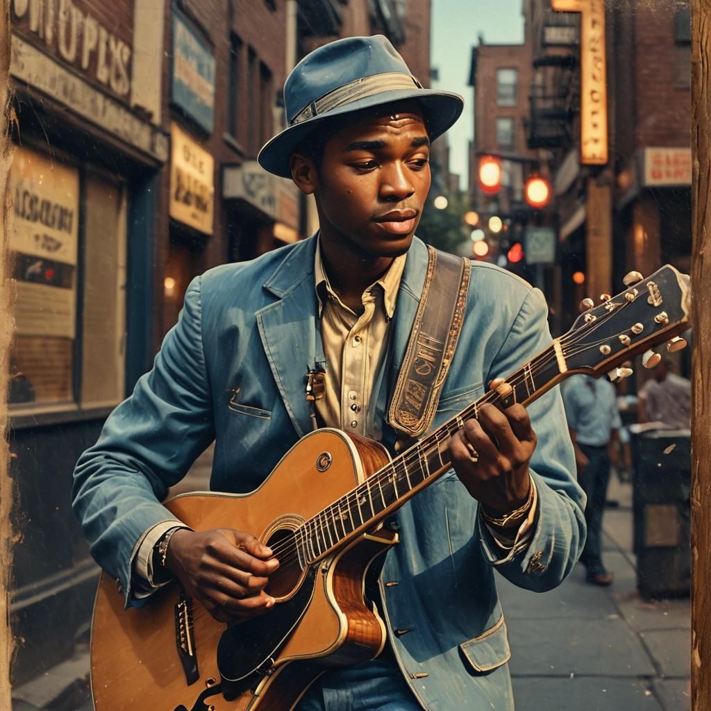 Retro Poster Art of Blues Musician on Memphis Street