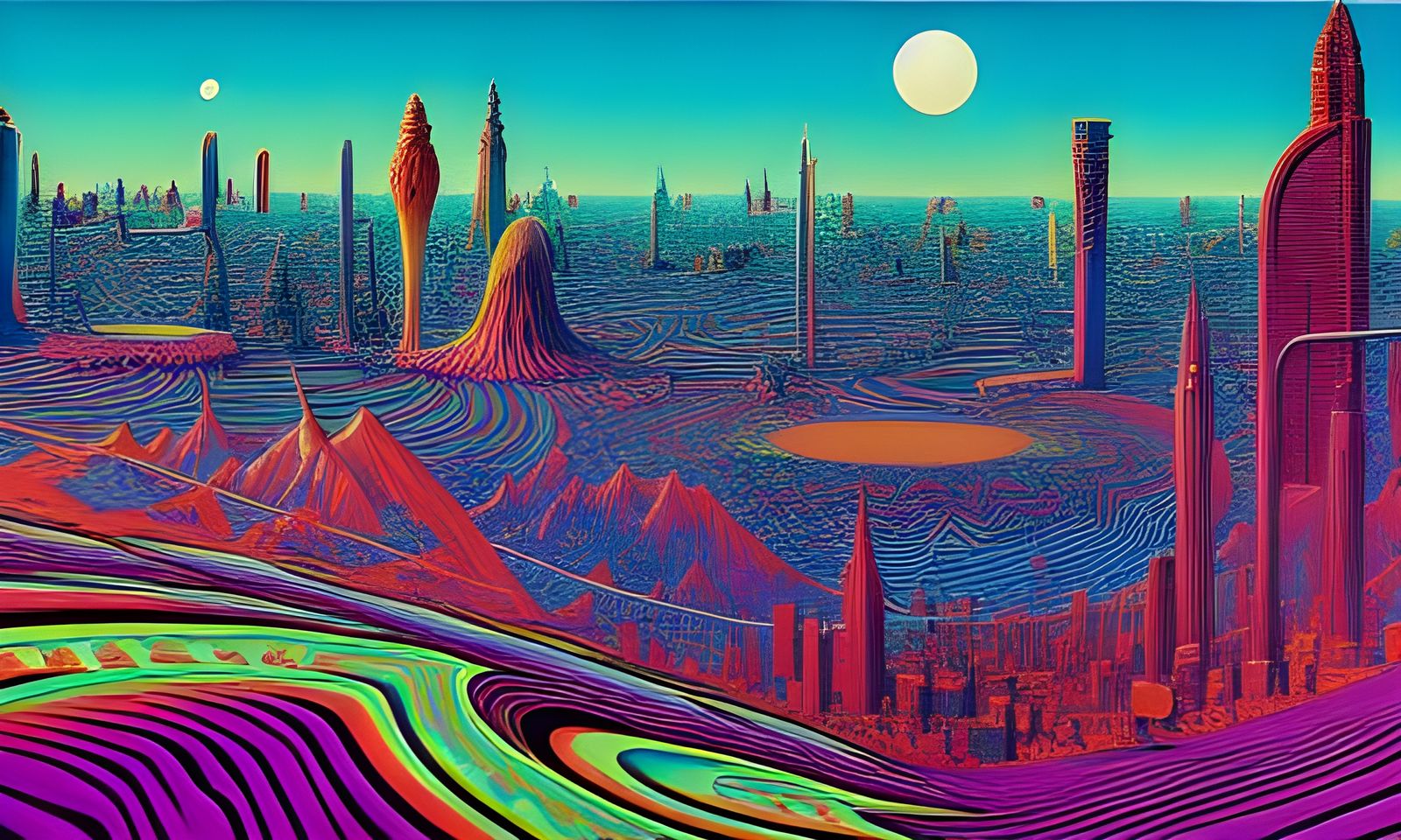 Psychedelic City Painting in Visionary Style