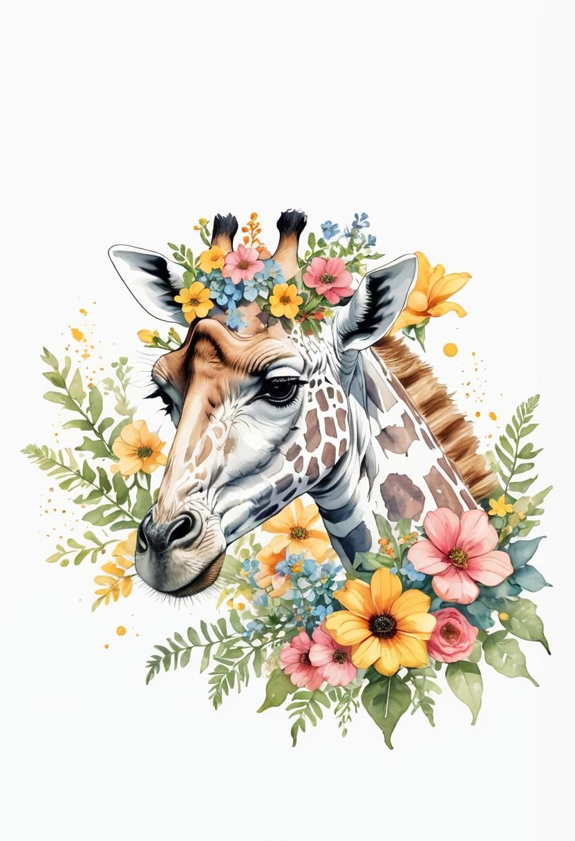 Giraffe Adorned with Flowers: AI Interpretation